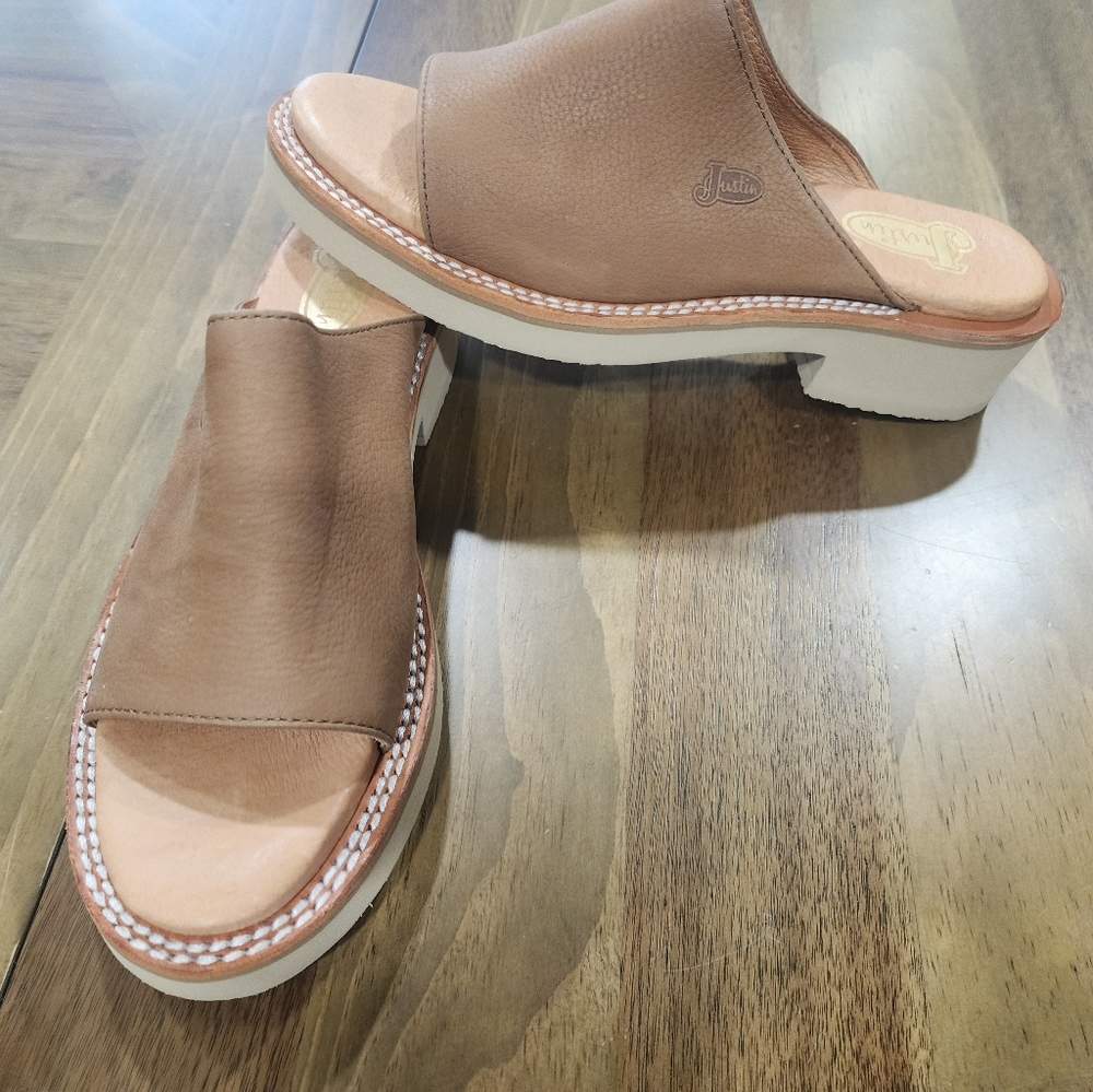 Justin Boots Slide Sandals, Size 7.5, Womens, Tan, Leather, Western, NWOB.